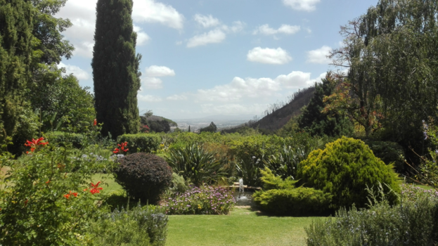 West-Kaap - Uitzicht over Stellenbosch vanaf terras wijnhuis Delheim